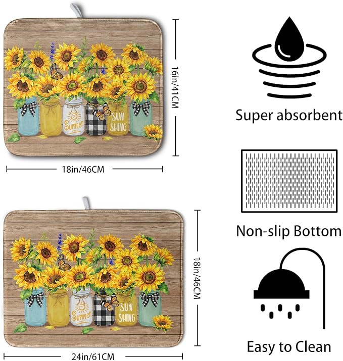 Sunflower Dish Drying Mat for Kitchen 16x18 Inch Counter Rustic Vintage Floral - Image 2