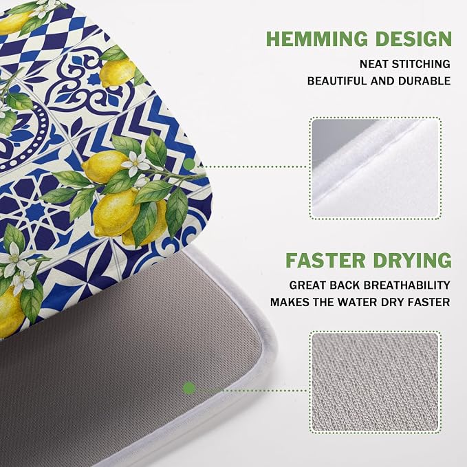 Lemon and Blue Tile Dish Drying Mat 16x18 Inch Absorbent Reversible Mexican - Image 4