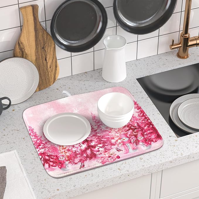 Pink Winter Dish Drying Mat Forest Washable Drying Matt Kitchen Counter - Image 6
