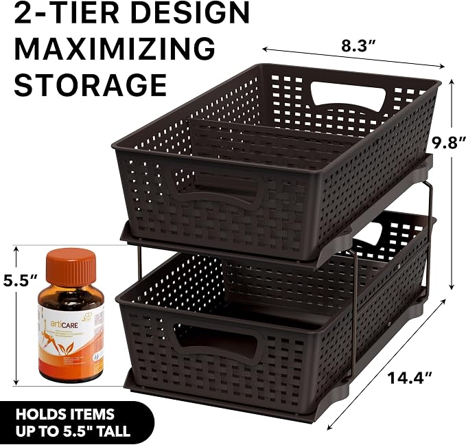 Simple Houseware 2 Tier Bathroom Organizer Tray Pull-Out Sliding Drawer - Image 2