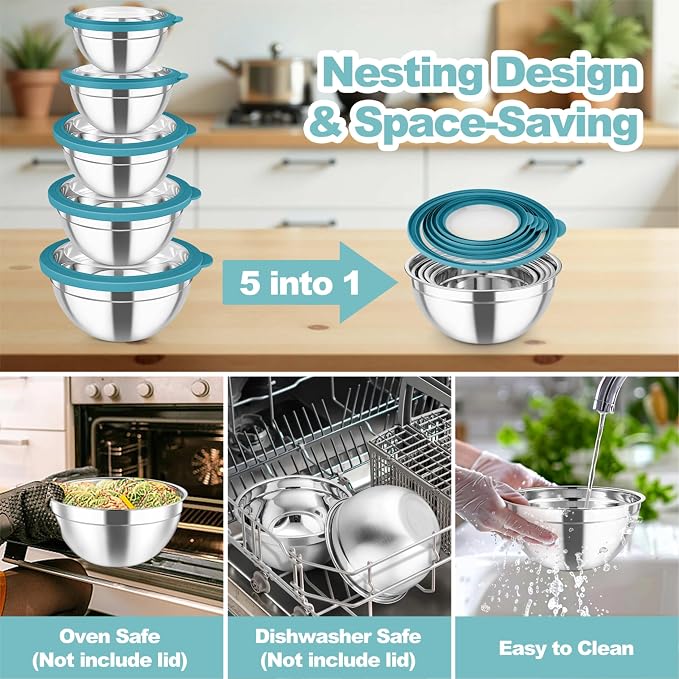 TeamFar Mixing Bowls Set, 4.5/3/1.5/1/0.7 QT Stainless Steel Nesting Salad Bowls - Image 7