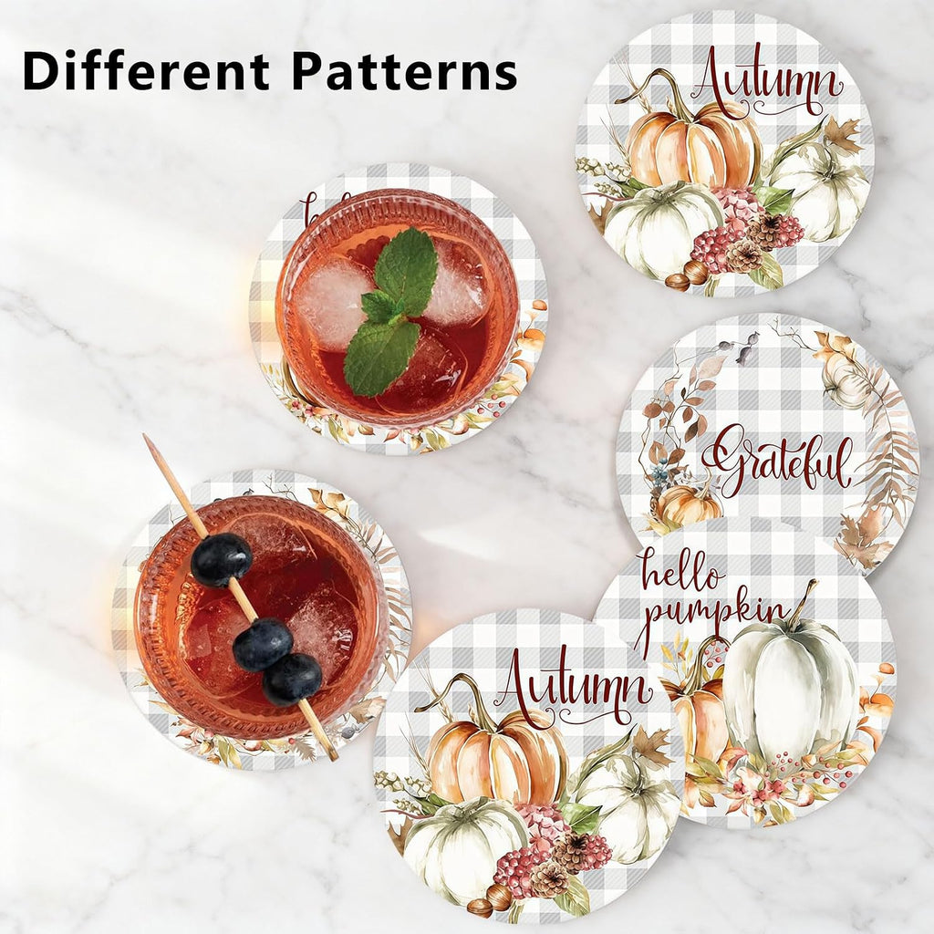 6Pcs Fall Plaid Pumpkin Coasters with Holder, White Pumpkin Ceramic