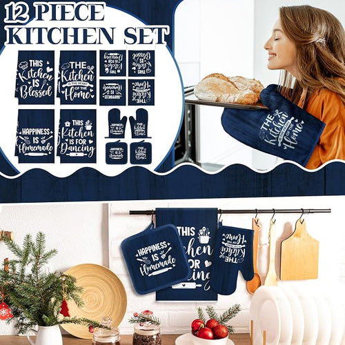 12 Pcs Farmhouse Kitchen Decor Sets 4 Blue Kitchen Hand Towels 4 Dish Clothes 2 - Image 2