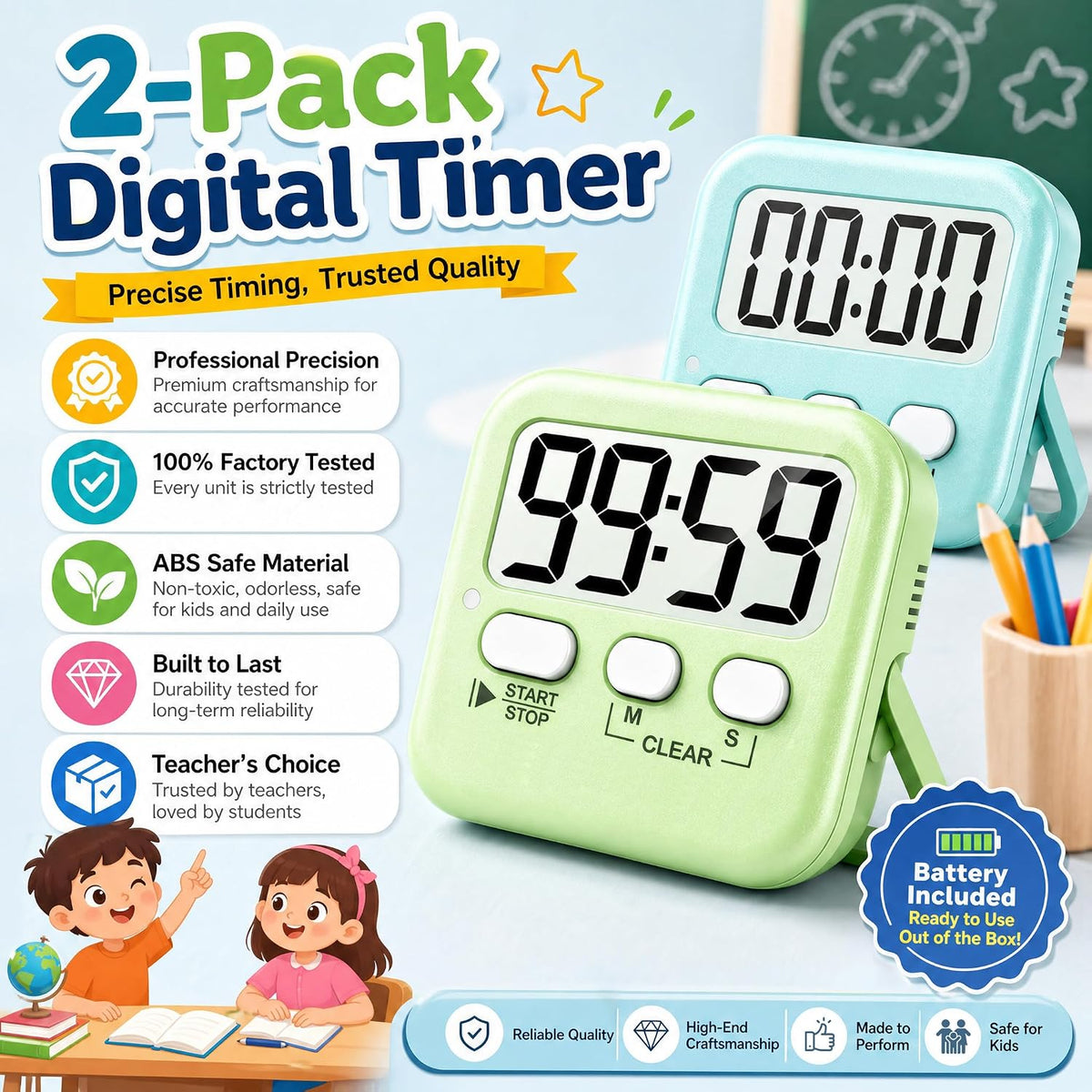 2 Pack Digital Timer with Battery & Lanyards for Classroom Kitchen