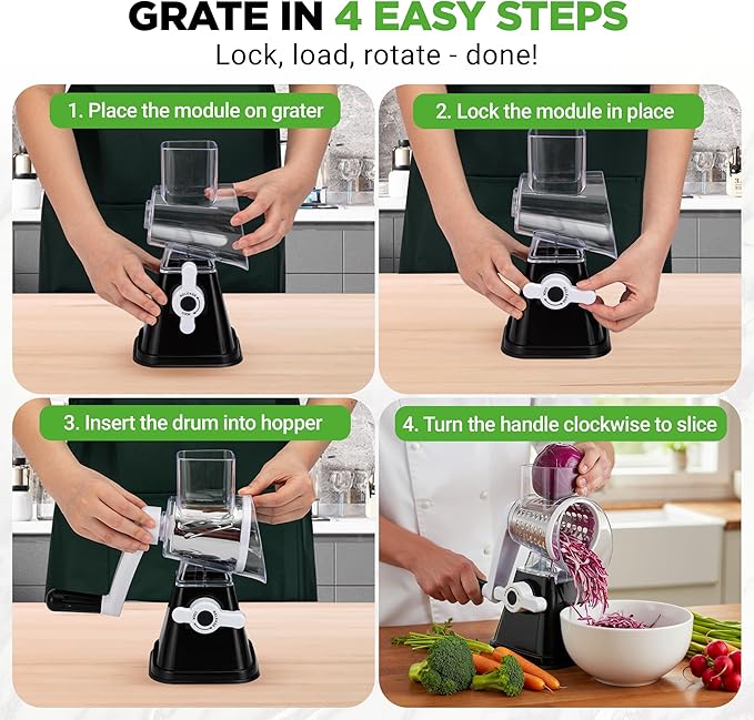 Nutrichef 3 in 1 Cheese Grater & Shredder | Strong Suction Base, Rotary Handle - Image 2
