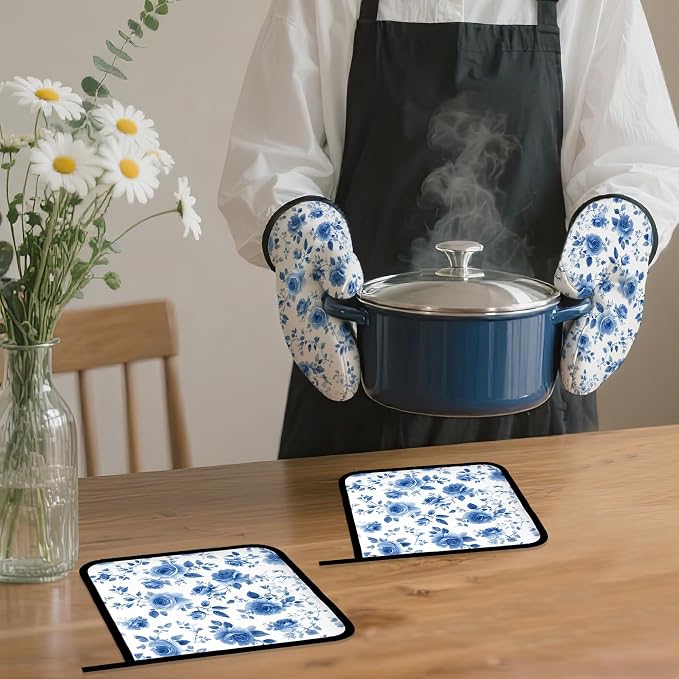 Vintage Blue Rose Oven Mitts and Pot Holders, Heat Resistant Oven Mitts Gloves - Image 7