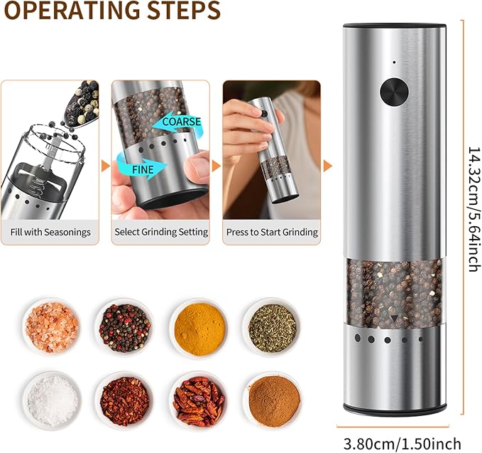Mini Electric Salt and Pepper Grinder Stainless steel, USB Rechargeable - Image 2