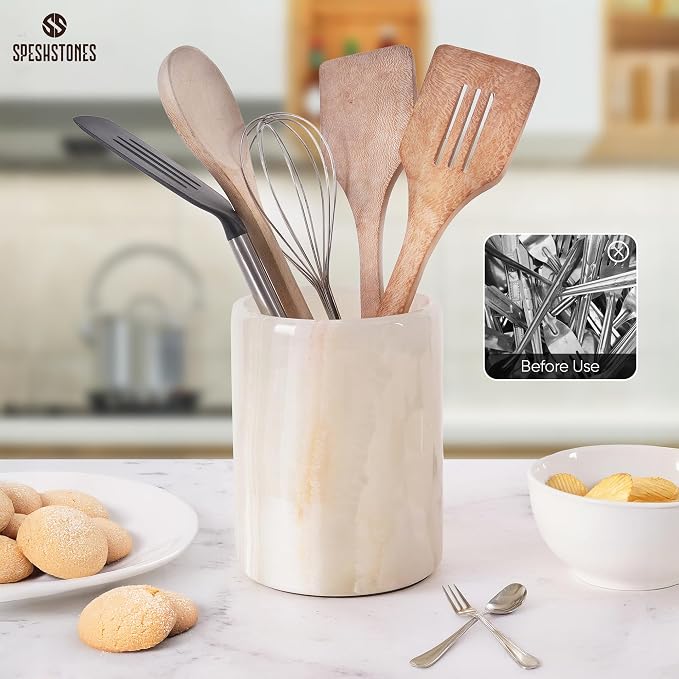 Marble Utensil Holder 6.5 Inch Cream Onyx Wooden Cooking Utensils Set & Spatula - Image 4