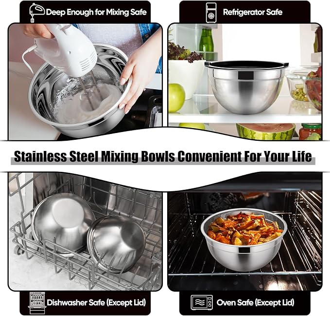 P&P CHEF Mixing Bowls with Airtight Lids Set of 5, 10-Piece Stainless Steel - Image 6