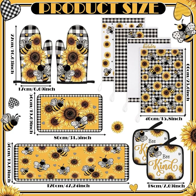 Fourluoo 10 Pcs Bee Kitchen Decor Set Kitchen Towels Rugs Oven Mitts and Pot - Image 3