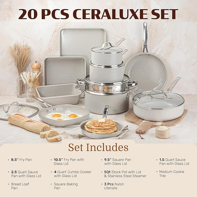 Granitestone Ceraluxe 20 Pc Ceramic Cookware Set Nonstick, Complete Pots and - Image 2