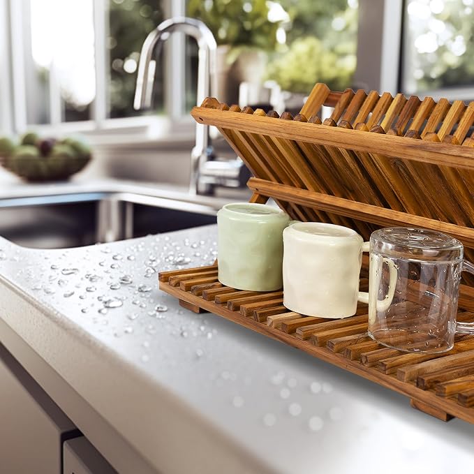 Utoplike 3 Tier Collapsible Teak Wood Dish Drying Rack, Foldable Large Capacity - Image 4