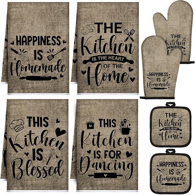 Leinuosen 8 Pcs Kitchen Towels and Oven Mitts Sets Pot Holders Dishcloths Set by Leinuosen