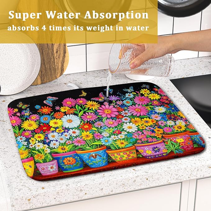 Colorful Floral Dish Drying Mat 16 X 18 Black Spring Flowers Absorbent - Image 7