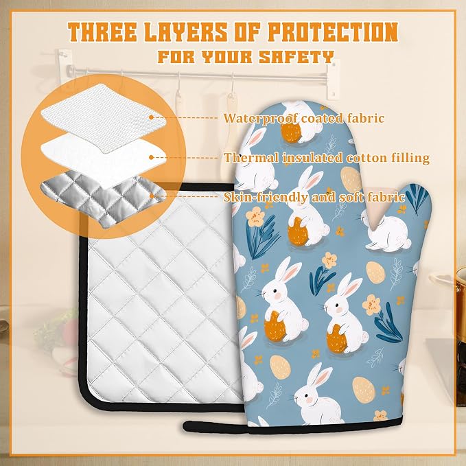 Easter Oven Mitts and Pot Holders Set, Cute Rabbit Kitchen Decor Heat Resistant - Image 3