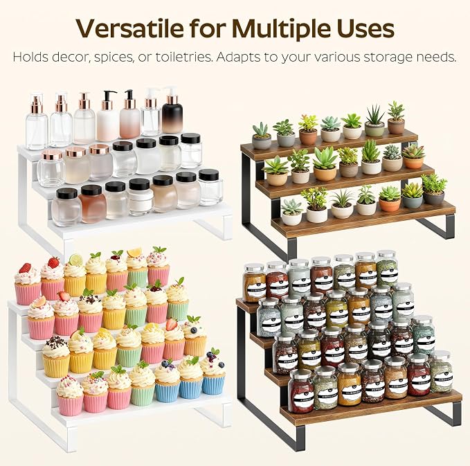 YATINEY Spice Rack, 4 Tier Wooden Display Riser Stand, Kitchen Storage Organizer - Image 6