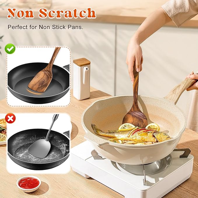 2Pcs Wooden Spatula, Acacia Solid & Slotted Turner Spatula Set, Long Handle - Image 5