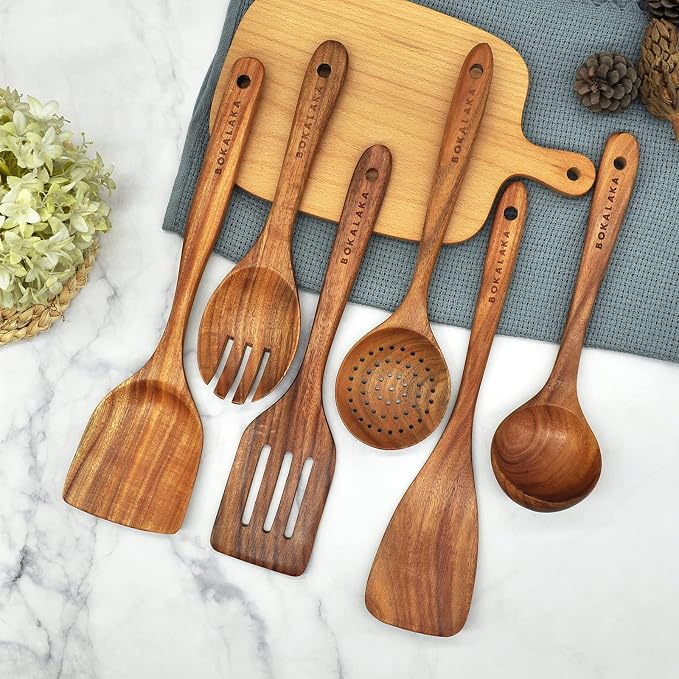GreyWooden Kitchen Utensil Set, 100% Natural Teak Wooden Spatula - Image 3