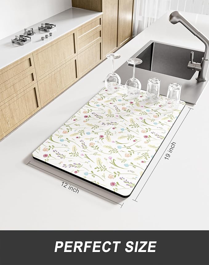 Rnivvi Dish Drying Mat for Kitchen Counter, 12 x 19" Cute Flower Theme Super - Image 2
