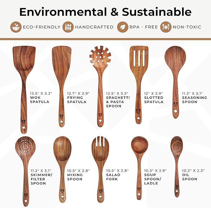 Wooden Spoons for Cooking – 10 Pcs Teak Wood Utensil Set, Nonstick Safe & Heat - Image 4