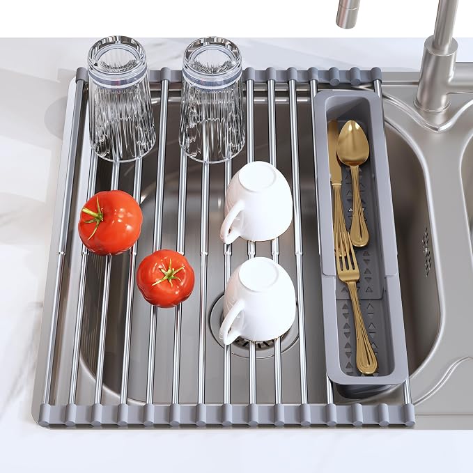 JASIWAY Roll Up Dish Drying Rack, Expandable Stainless Steel Portable Drainer by JASIWAY