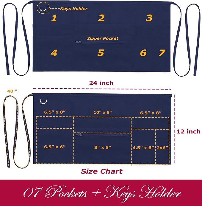 7 Pockets Server Aprons with Zipper Pocket - Image 3