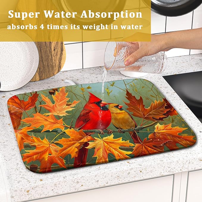 Giwawa Fall Birds Dish Drying Mat 16x18 Inch Autumn Maple Leaf Tree Dish - Image 7