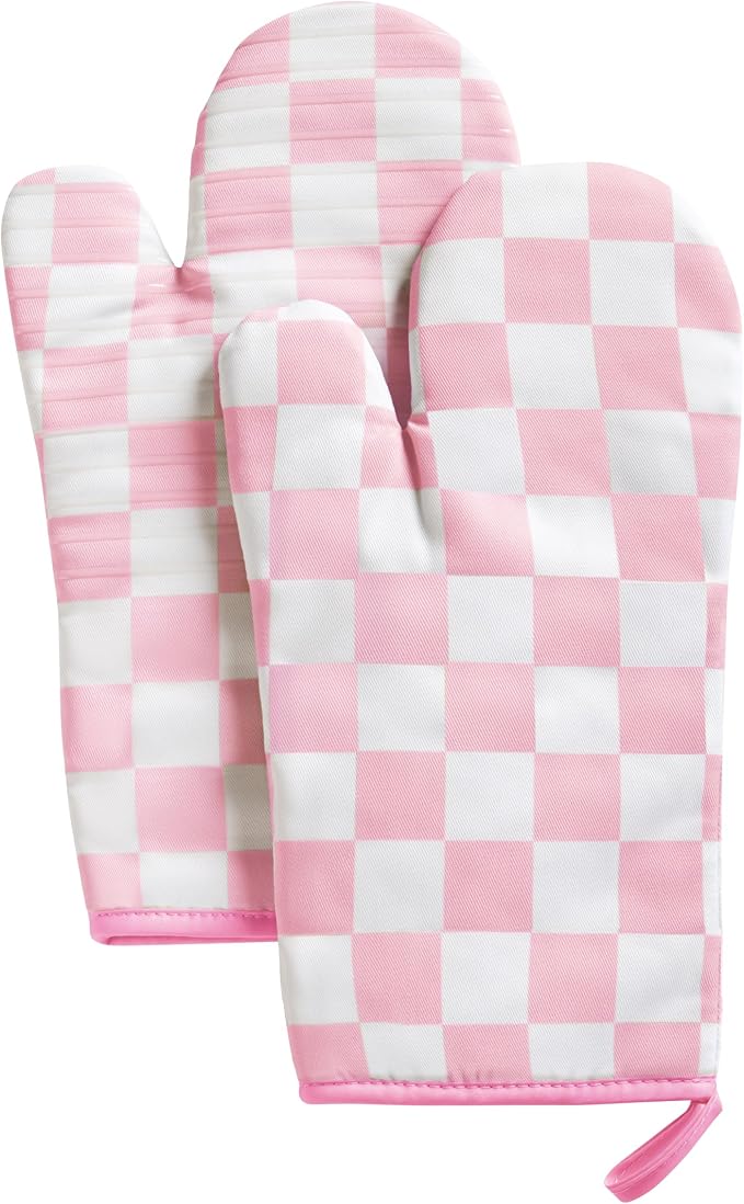 Ohocut Pink Checkered Oven Mitts Heat Resistant, Vintage Retro Checkerboard by Ohocut