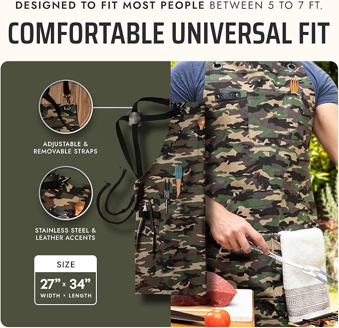 Asaya Chef and BBQ Apron with Bottle Opener and Hand Towel - 10oz Cotton Canvas - Image 5