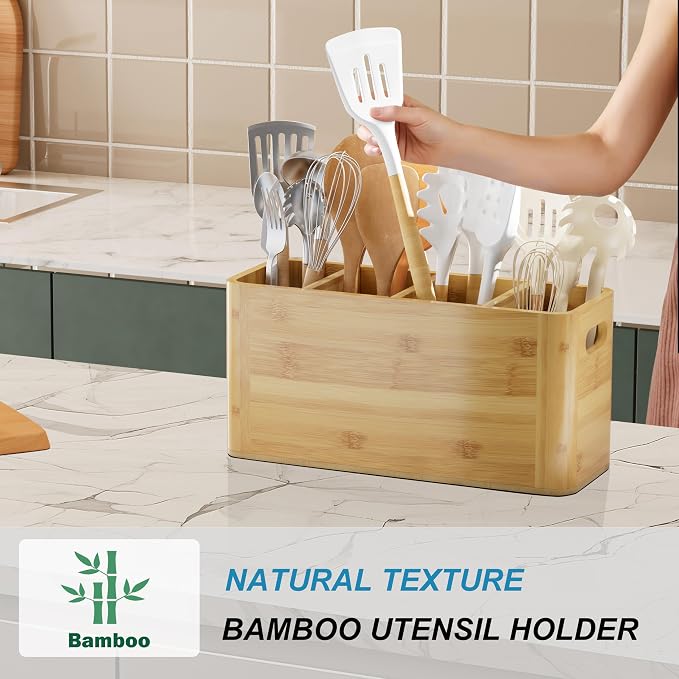 Bamboo Utensil Holder for Kitchen Counter, Extra Large Utensil Organizer for - Image 4