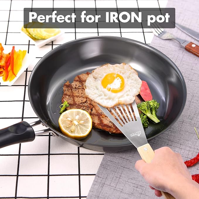 HOTEC 2pcs Stainless Steel Wooden Handle Fish Spatula, Metal Spatula Flipping - Image 5