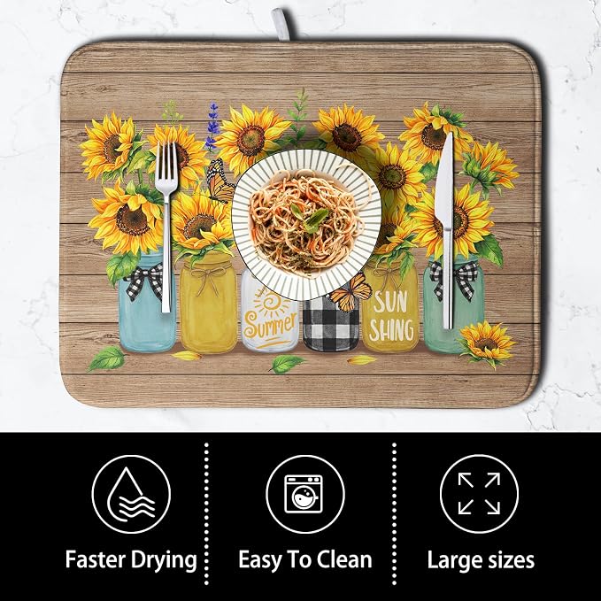 Sunflower Dish Drying Mat for Kitchen 16x18 Inch Counter Rustic Vintage Floral - Image 4
