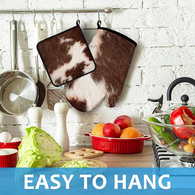 Brown Cow Print Oven Mitts and Pot Holders Sets Heat Resistant 4Pcs Potholders - Image 4