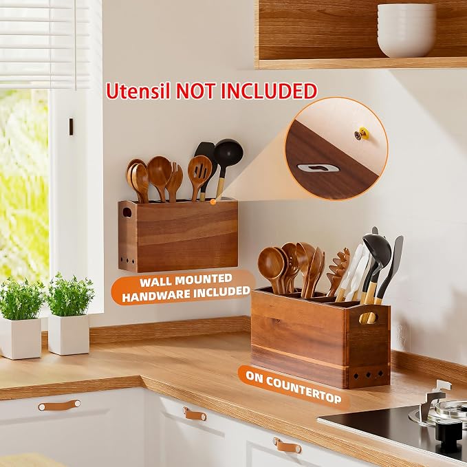 Natural Acacia Wood Utensil Holder - Image 2