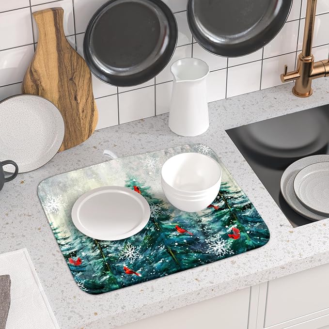Pine Tree Dish Drying Mat for Kitchen Countertop Red Bird Dishes Mats Winter - Image 6