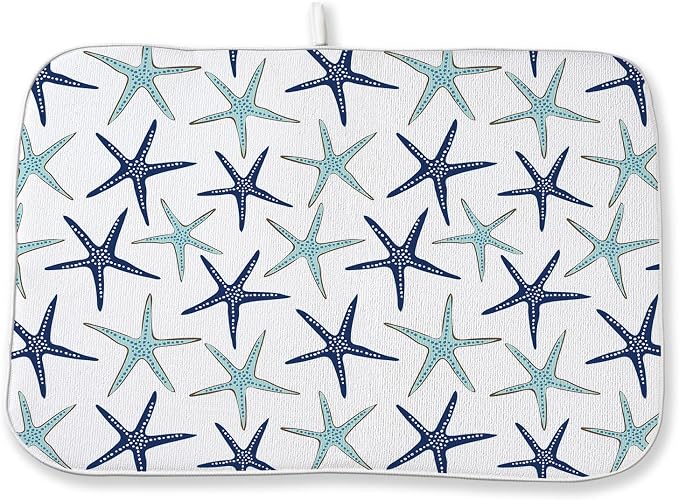 Coastal Dish Drying Mat 18x24 Inch Summer Navy Blue Teal Turquoise Starfish by DAFENA