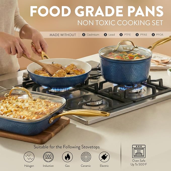 Gotham Steel Hammered 20Pcs Ceramic Cookware Set, Induction Pots and Pans Set - Image 3