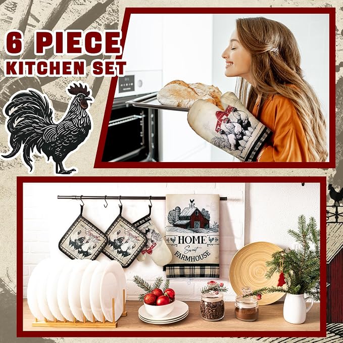 Leinuosen 6 Barn Farm Farmhouse Kitchen Decor Dish Towels Oven Mitts and Pot - Image 4