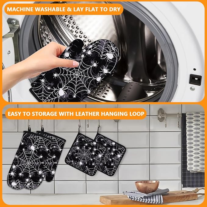 Spider Web Oven Mitts and Pot Holders Sets 4Pcs, Extra Long Oven Gloves - Image 5