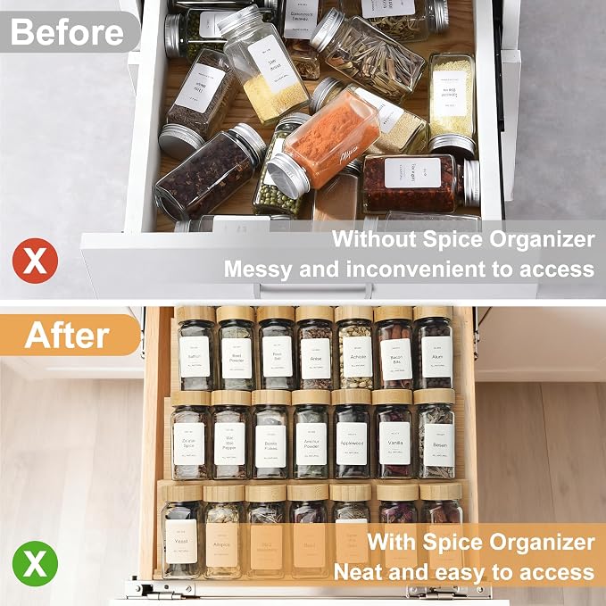 Spice Drawer Organizer with 35 Bamboo-lidded Spice Jars, 216 Labels, 25 - Image 6