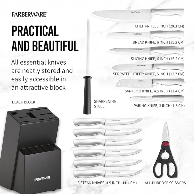 Farberware 15-Piece Kitchen Knife Set, High-Carbon Stainless Steel Blades - Image 4