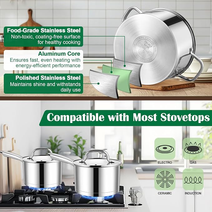 E-far 10-Piece Stainless Steel Cookware Set, Induction Pots and Pans Set - Image 3