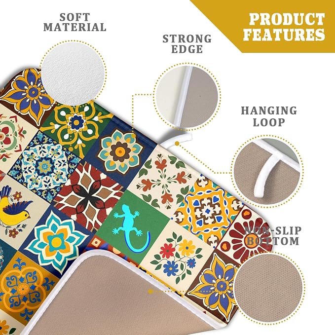 Giwawa Mexican Tile Dish Drying Mat 16"x18" Talavera Boho Floral Print Dish - Image 3