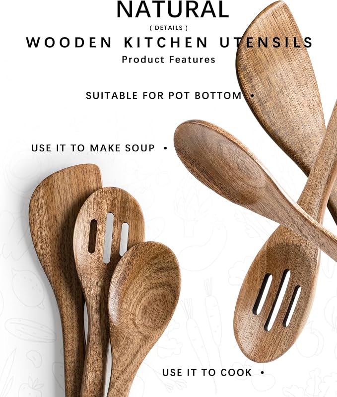 Wooden Spoons for Cooking, 3-Piece Wood Utensil Set Includes Slotted Spoon - Image 4