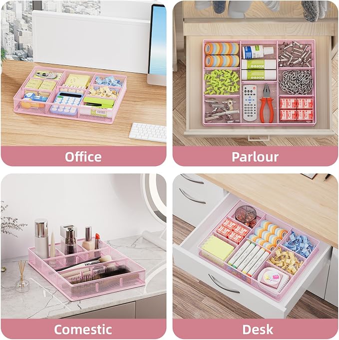 Marbrasse 2P Pink Desk Drawer Organizer, Metal Mesh Drawer Organizer Tray - Image 3