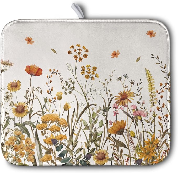 Fall Floral Dish Drying Mat for Kitchen Counter Autumn Burnt Orange Wild by Kwlegh