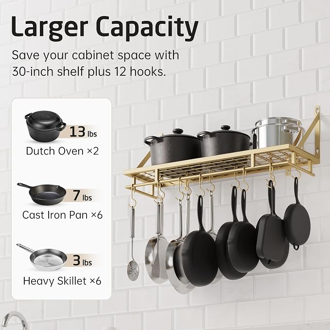 KES 30-Inch Gold Pot Rack, Wall Mounted Hanging Pot and Pan Organizer - Image 2