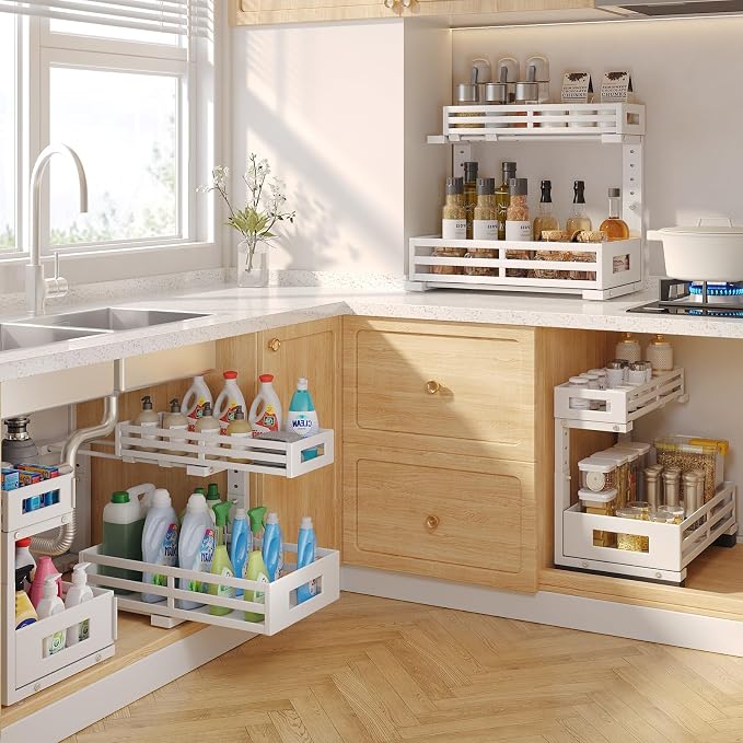 L-Shaped Metal Under Sink Organizer, 2-Tier Double Pull-Out Cabinet Organizer - Image 4