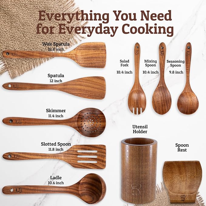 PriorityChef Wooden Spoons for Cooking, Premium 8pc Teak Wood Utensil Set - Image 4