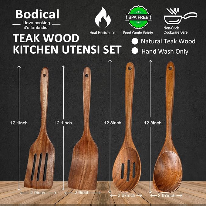 Wooden Spoons for Cooking, 4 Piece Natural Premium Teak Wooden Cooking Utensils - Image 2